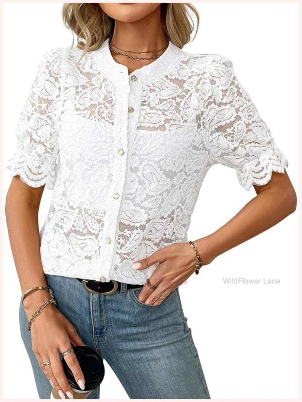 Sheer Lace Short Sleeve Puff Sleeve Blouse Button Down Shirt Casual Dressy Top
